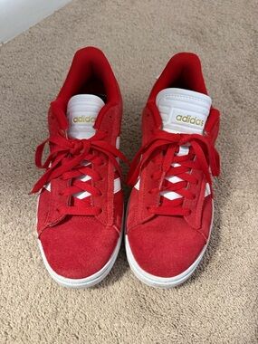 adidas cloud foam Red Suede Sneakers with White Stripes